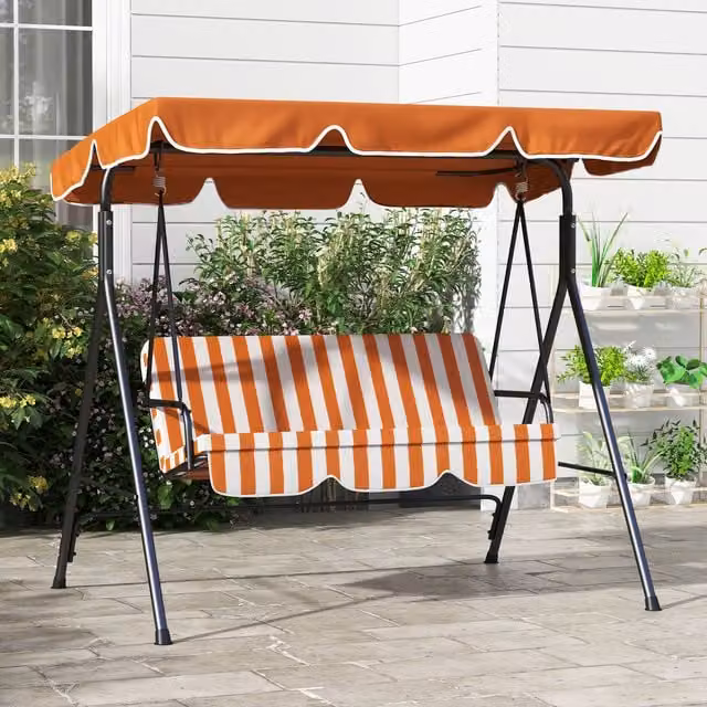Outsunny 3 Seater Swing Chair with Adjustable Striped Sun Canopy in Orange
