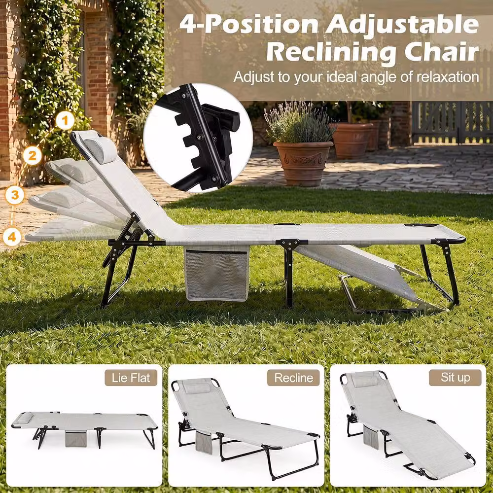 Gymax Folding Sun Lounger with Storage Pocket in Grey – 8