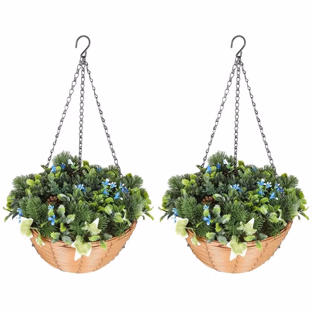 Wyld Haus Kabane Set of 2 Hanging Artificial Lisianthus Rattan Baskets in Blue, Green and Multicolour – 2