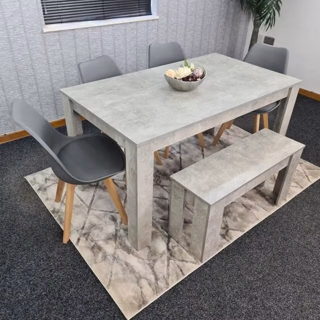 KOSY KOALA Modern Dining Set with Rectangular Stone Grey Effect Wood Table, Bench and 4 Grey Plastic Chairs, Brown – 1