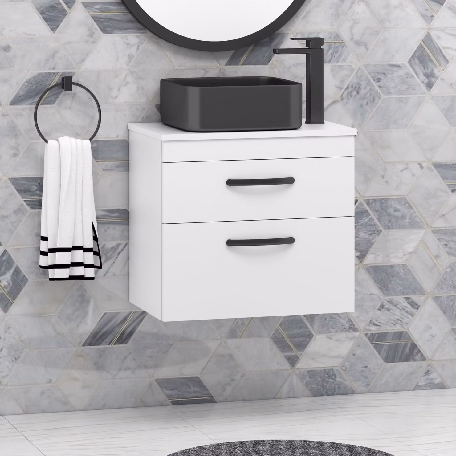 Royal Bathrooms 600mm Wall Hung 2 Drawer Gloss White Vanity Unit with Art Square Countertop Basin