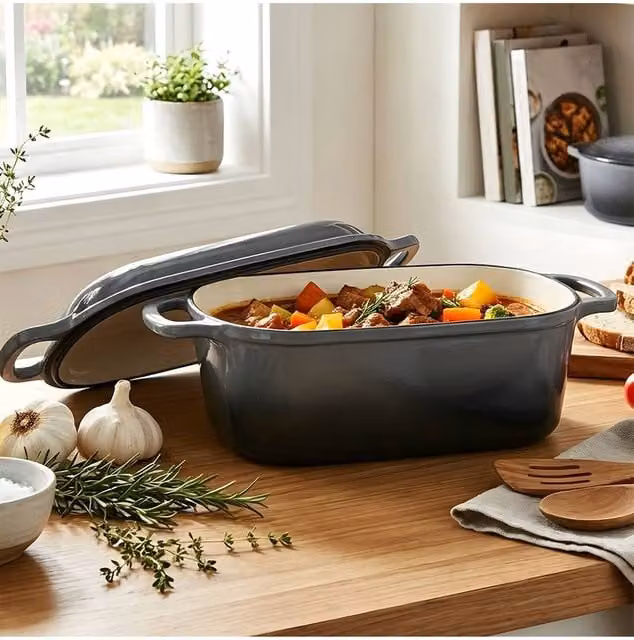 Living and Home 2-Piece Enamelled Cast Iron Loaf Pan and Frying Pan Set with Lid, Grey – 1