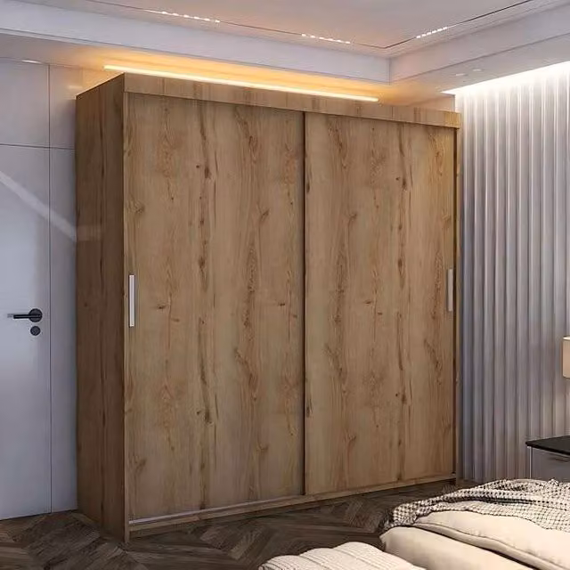 MN Furniture Modern Wardrobe with Double Sliding Doors and Integrated LED Lighting in Brown, W/H: 203 x 217 cm