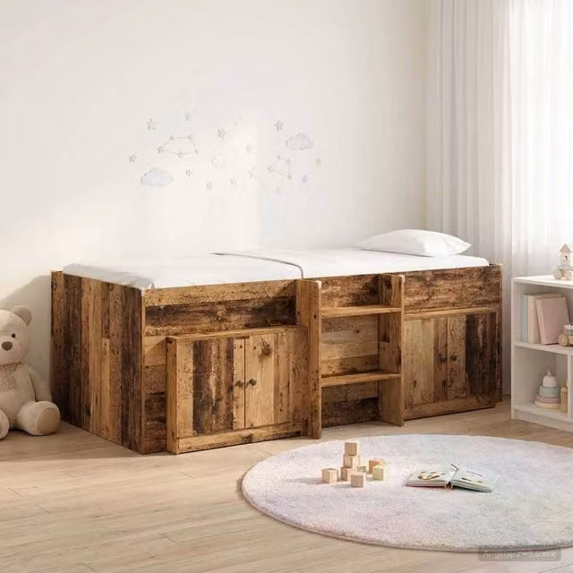 Berkfield Home Loft Bed Frame with Cabinet in Old Wood Brown, 3-Piece Engineered Wood Set – 1