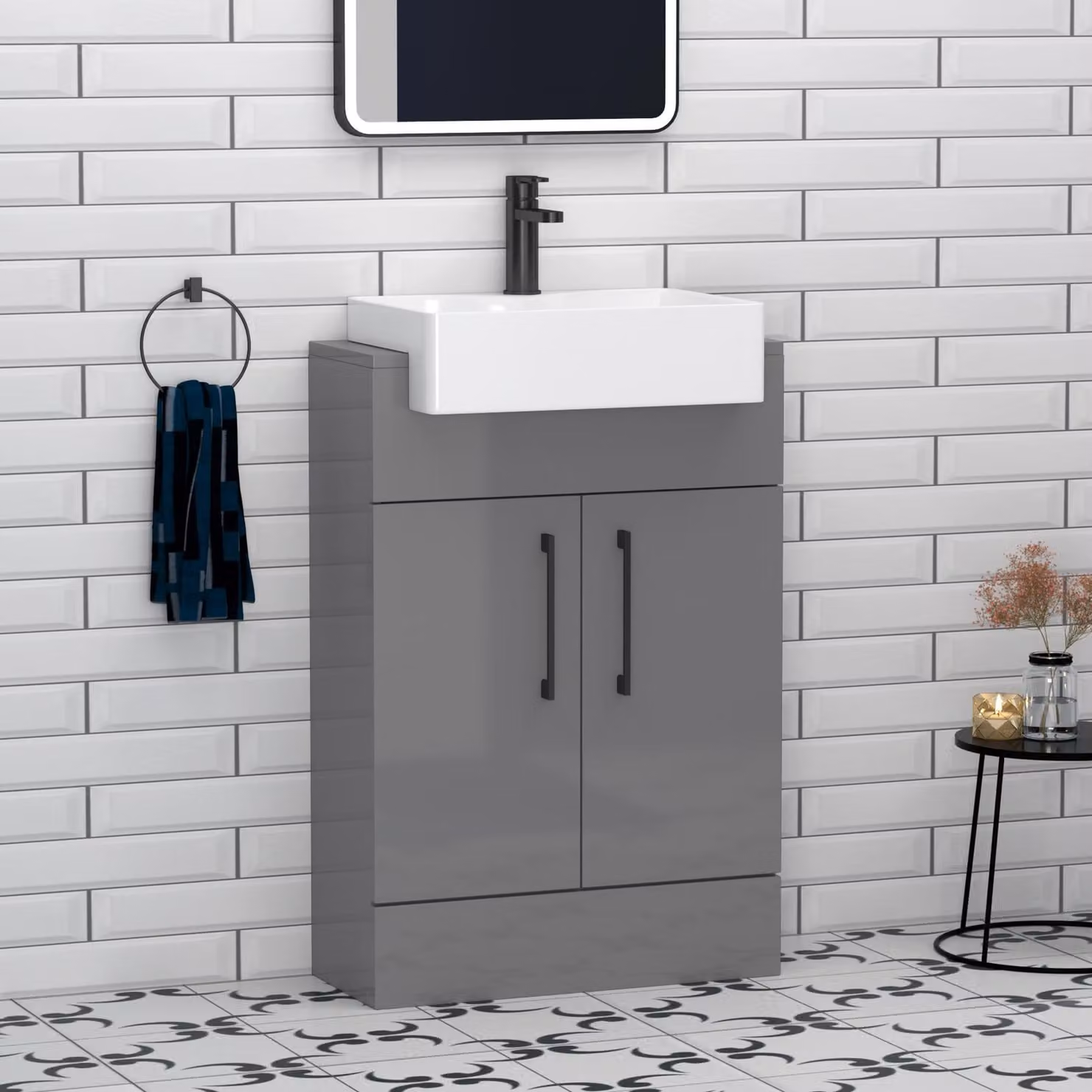 Royal Bathrooms Elena 600mm Indigo Grey Gloss Floor Standing Vanity Unit with 2 Doors, Black Handles and Semi Recessed Basin