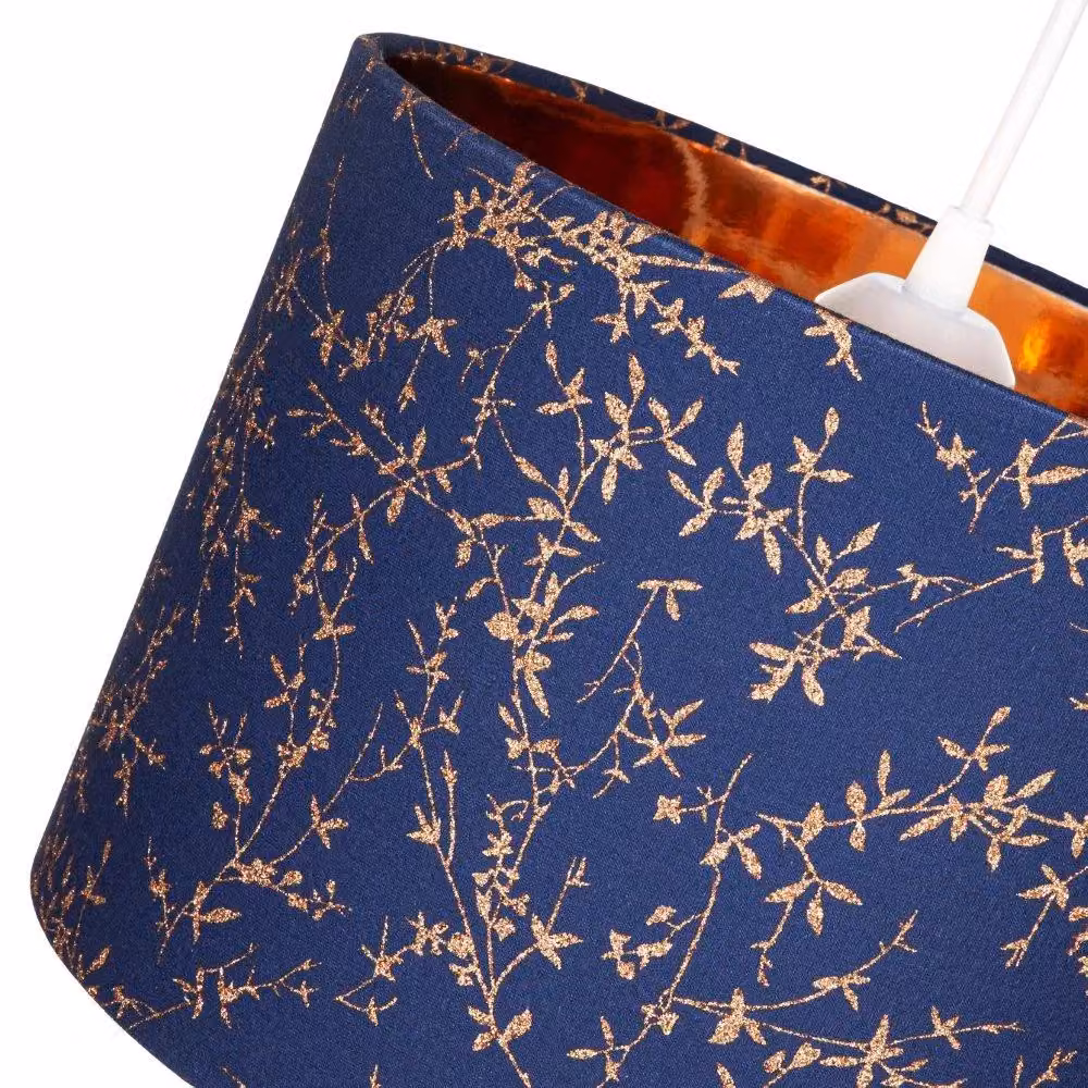 Happy Homewares Modern Round Soft Cotton Fabric Lamp Shade with Gold Floral Decoration in Blue, Diameter: 30.48 cm – 3