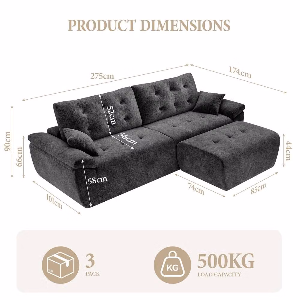 Dprodo Grey Chenille 4 Seater L Shaped Modular Sectional Sofa with Matching Ottoman and Scatter Cushions, Width: 275 cm – 2