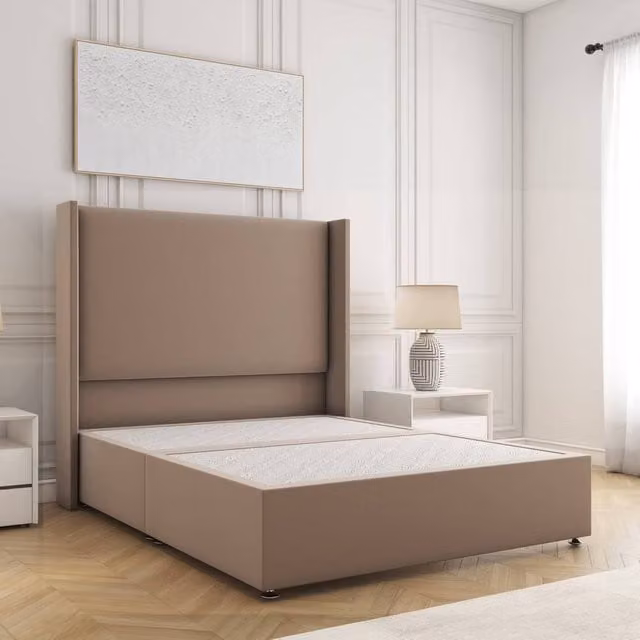 BSSPOKE Austin King Size Divan Bed with Plush Velvet Headboard in Beige, W/D/H: 180 x 200 cm