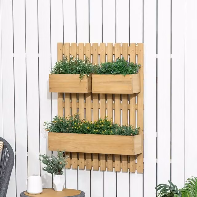 Outsunny Brown Wooden Wall-mounted Garden Planters with Trellis and 3 Movable Tubs