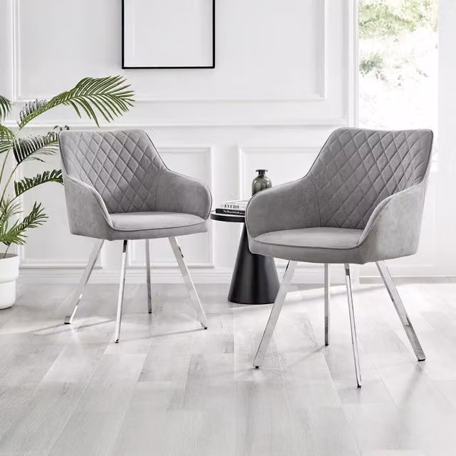 FurnitureboxUK Set of 2 Falun Mid-Century Fabric Dining Chairs in Grey with Silver Metal Legs