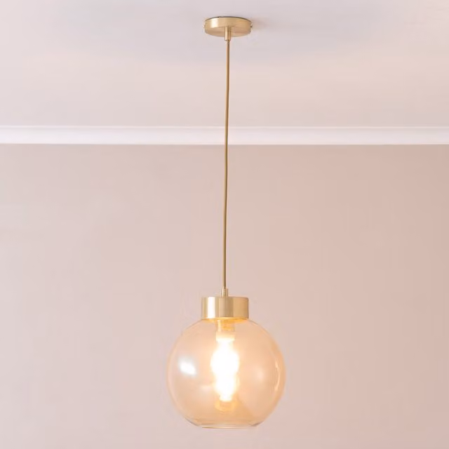 Bellamy Amber Glass Capped Ceiling Pendant Light with LED Bulb in Gold and Brass