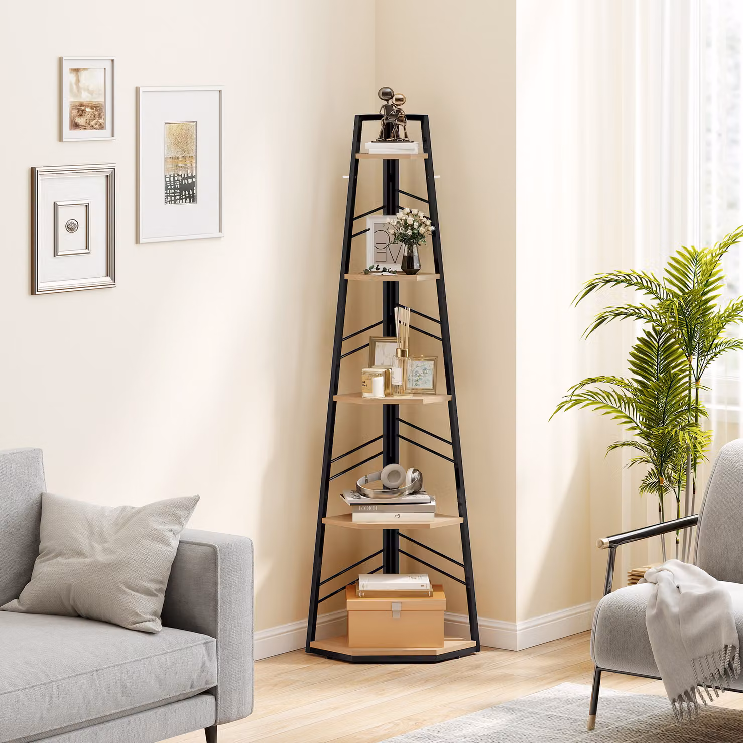 HOMCOM 5-Tier Corner Bookcase, Freestanding Floor Standing Shelving Unit in Brown Wood Finish – 2