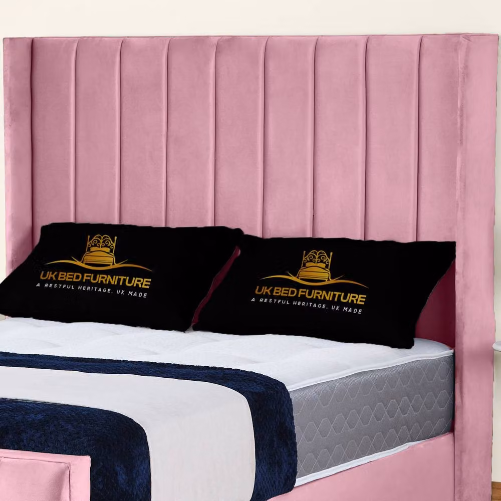 UK Bed Furniture Empire Winged Gas Lift Ottoman Upholstered Velvet Bed in Pink, Size: King (180 x 200 cm) – 2