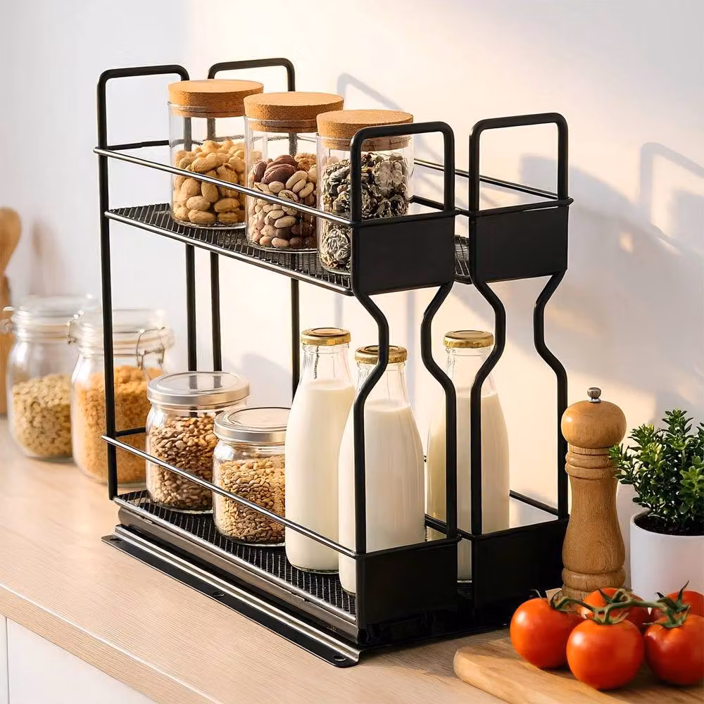 EONLION 2 Tier Pull Out Metal Spice Rack Freestanding Kitchen Cabinet Storage in Black, Width: 100 cm – 3