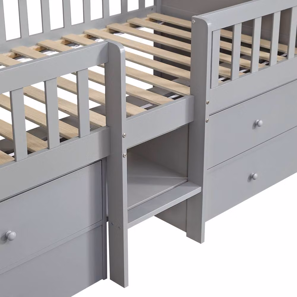 Merax 3FT Single Mid Sleeper Bed with Drawers, Solid Wood Low Loft Storage Bed in Grey, W/D/H: 90 x 190 x 176 cm – 3