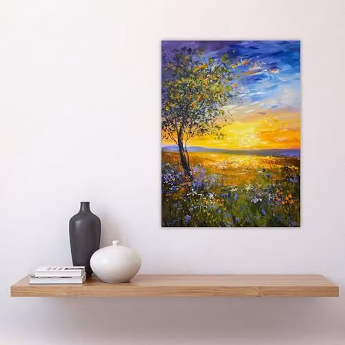 Artery8 Tree Wildflower Meadow at Sunset Oil Painting Poster Print, Multicolour, W: 45.72 cm, H: 60.96 cm – 4