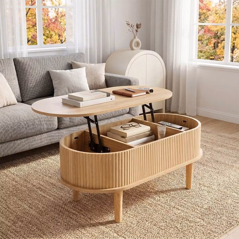 KORVIXA Mid-Century Oval Coffee Table with Lift Top and Storage in Brown and Beige Wood – 2