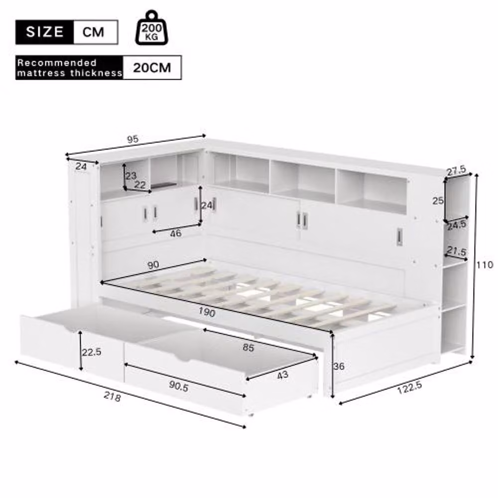 STILVORA Single Bed Frame with Storage Drawers, USB Charging Port and Bedside Shelf, White Finish, W/D/H: 90 x 190 x 91.44 cm – 2