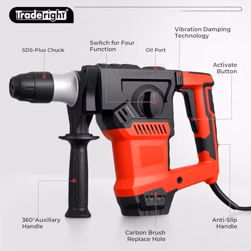 Traderight 1500W SDS Plus Rotary Hammer Red 4-Mode Professional Demolition Drill with 8J Impact Energy and 4500BPM – 3
