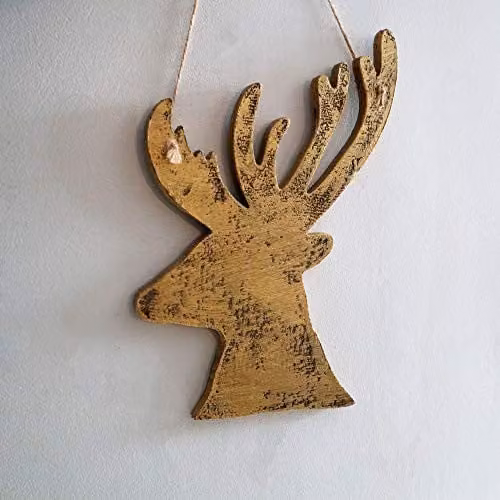 Shatchi Golden and Brown Wooden Hanging Reindeer Christmas Decoration, W: 17 cm, H: 26 cm – 1