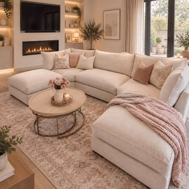 Home & Love Bishop U Shape Cinema Fixedback Corner Sofa in Naples Cream with Matching Ottoman and Scatter Cushions