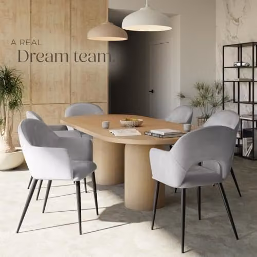 tectake Set of 6 Velvet Look Dining Chairs with Curved Backrests and Steel Legs in Light Grey, W/D/H: 57 x 61.5 x 87.5 cm – 2