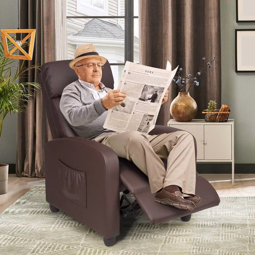 Costway Brown Synthetic Leather Recliner Armchair with Padded Single Sofa Design – 9