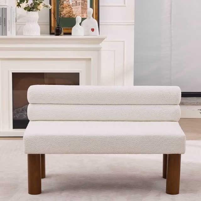 Matteo White Upholstered Boucle Accent Bench with Rolled Backrest