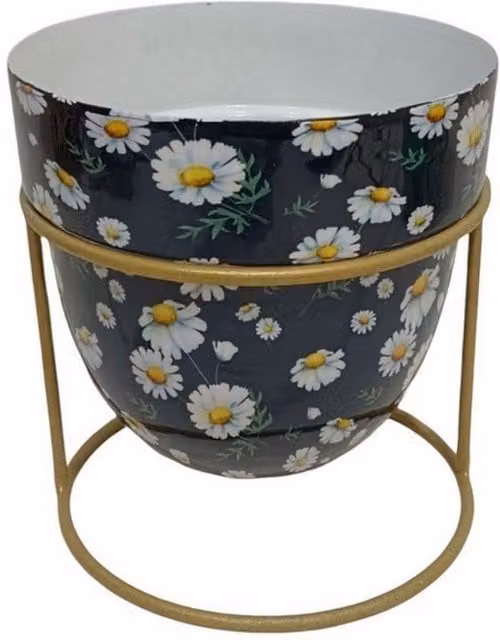 Minster Metal Flower Print Design Planter with Stand, Black, W: 13 cm, D: 13 cm, H: 13 cm