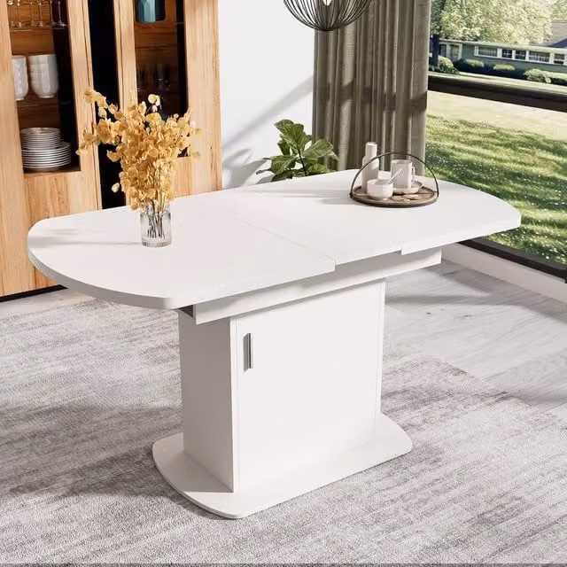Merax Extendable Oval Pedestal Dining Table with Built-in Storage Cabinet in White and Silver