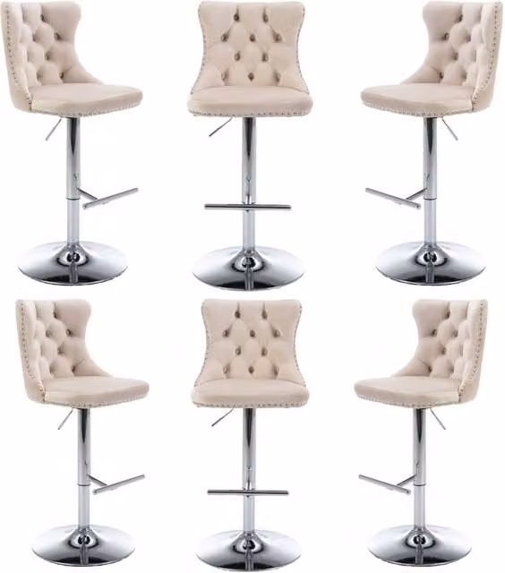 Modern Home Touch Set of 6 Luxury Velvet Adjustable Swivel Bar Stools in Beige with Gold Metal Base