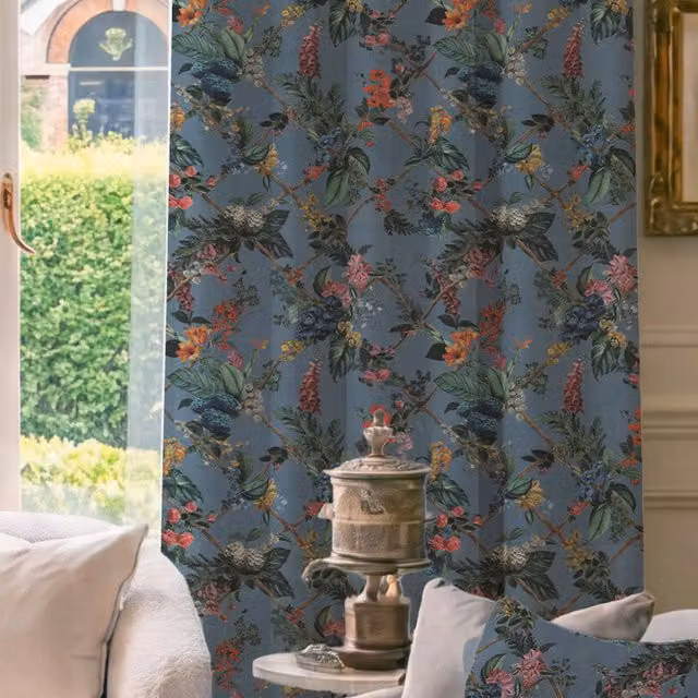 House Llewelyn-Bowen Cotswold Fantasia Made To Measure Blackout Cotton Curtains in Cornflower Blue and Multicolour Floral Print