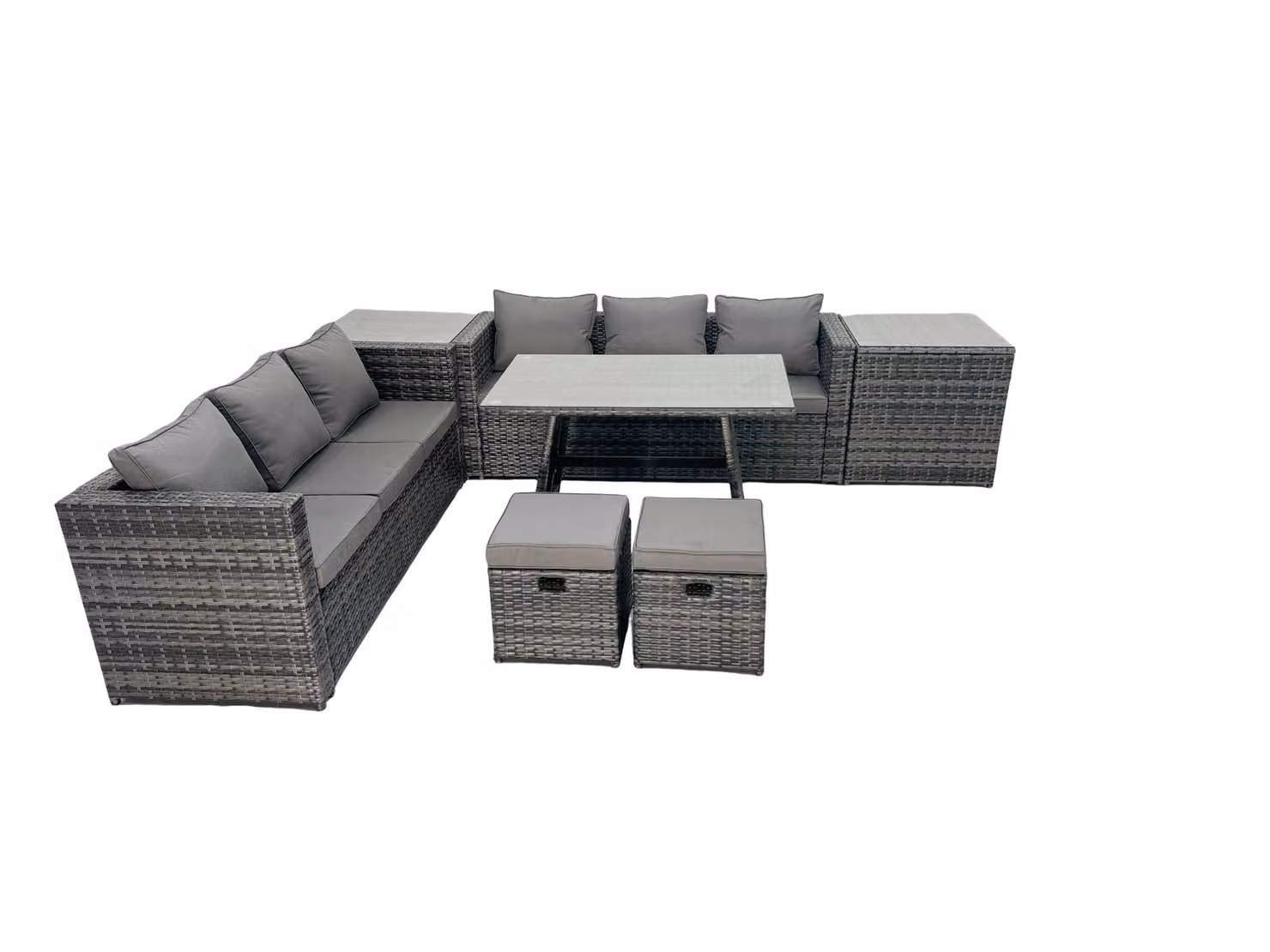 Fimous Rattan Dining Table and Sofa Set with 2 Side Tables and Small Footstool in Dark Grey – 2