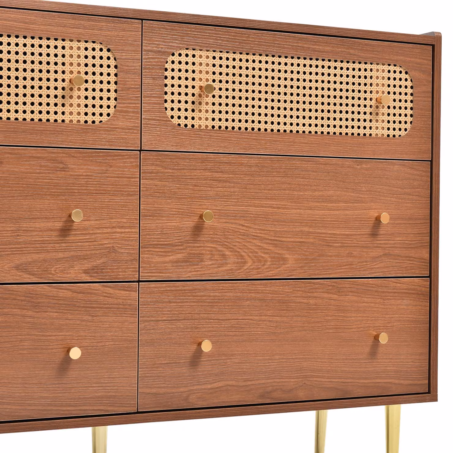 Aosom UK Vintage Rattan Sideboard Cabinet with 6 Drawers, Walnut and Gold, W/D/H: 120 x 40 x 90 cm – 6