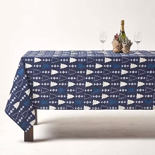 Homescapes Rectangular Cotton Christmas Tablecloth in Blue, White and Silver, W: 137 cm, L: 229 cm – 2