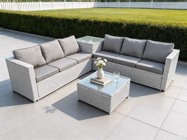 Fimous 6 Seater Rattan Garden Furniture Set in Light Grey with Upholstered Cushions and Coffee Table – 1
