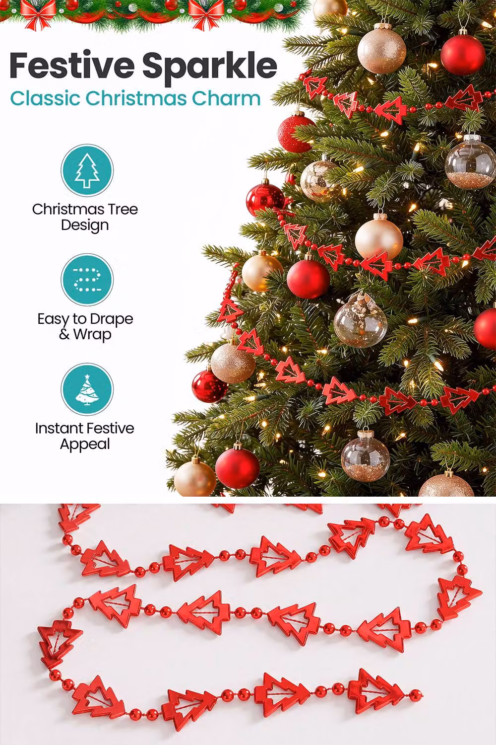 Neel Blue Red Metallic Christmas Tree Bead Garland, 5m Hanging Chain Decoration – 3