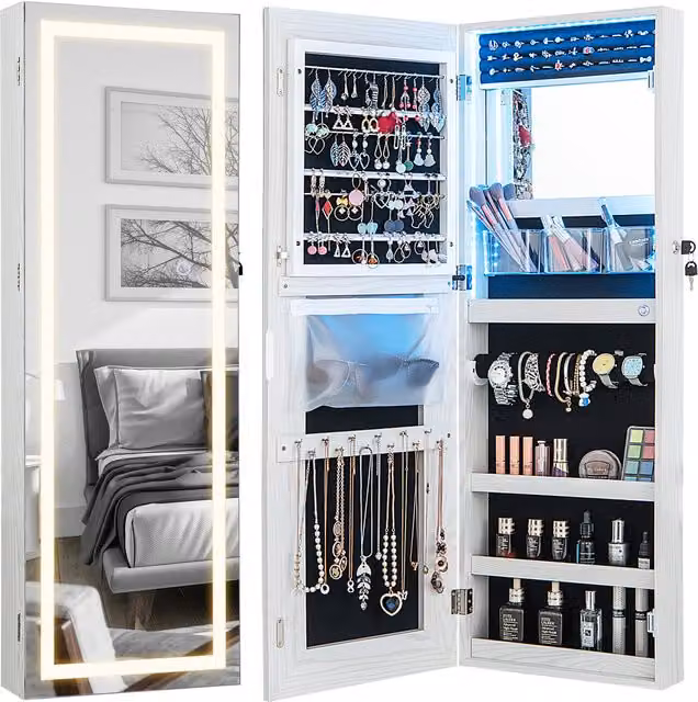 COSTWAY Modern White Jewellery Mirror Cabinet with LED Lighting and Magnifying Insert