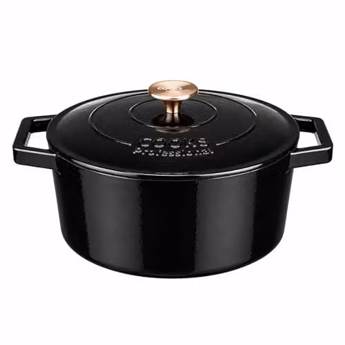 Cooks Professional Enamelled Cast Iron 26cm Casserole Dish with Lid and Handles, 5.8l, Shiny Black – 1