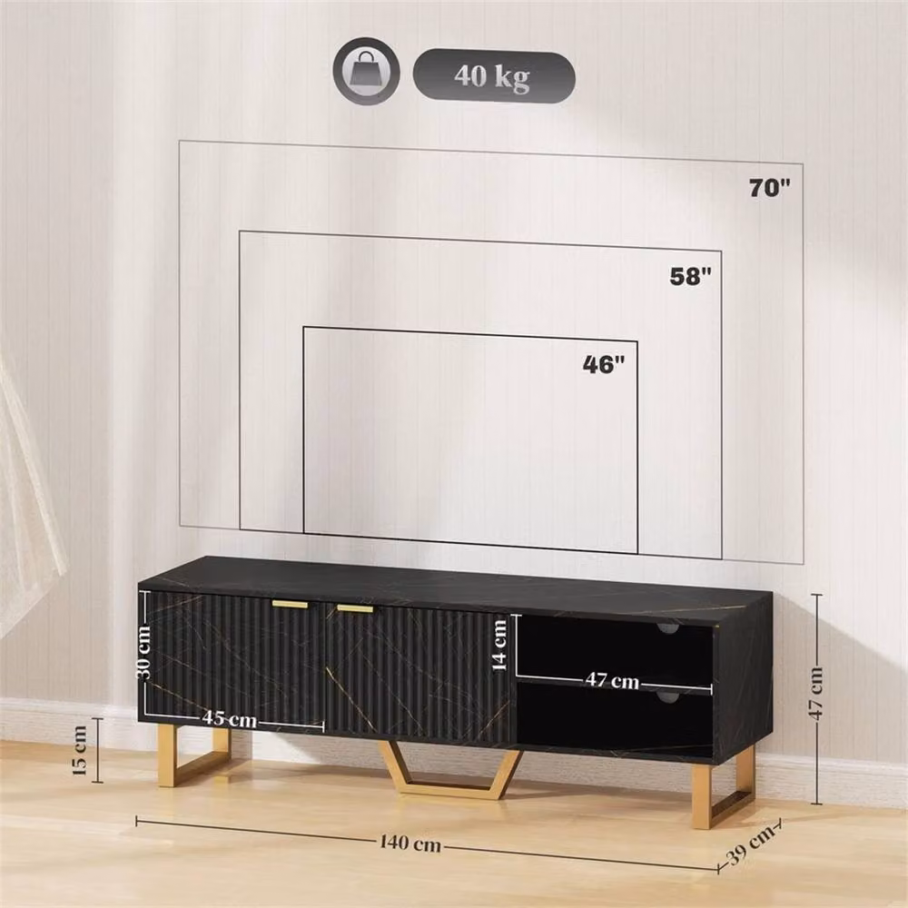 Nordara Modern Black and Gold TV Stand Cabinet with Metal Details, W: 140.0 cm, D: 39.0 cm, H: 47.0 cm – 2