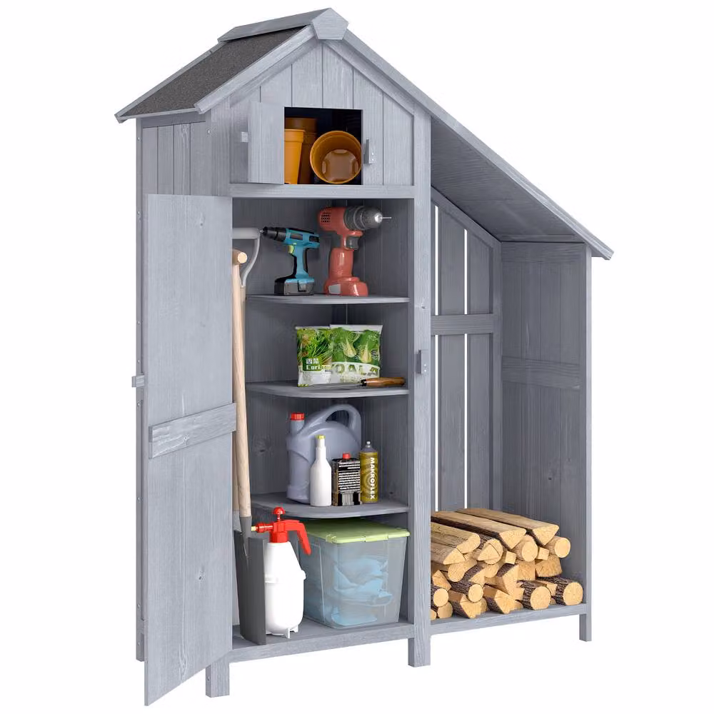 OUTSUNNY Grey Fir Wood Garden Storage Shed with Shelving and Log Rack, W/D/H: 121.0 x 54.5 x 180.0 cm – 2