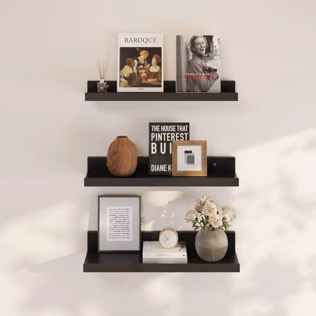 VOGREX Black Matt Metal Wall Mounted Floating Display and Storage Shelves, 3 Piece Set