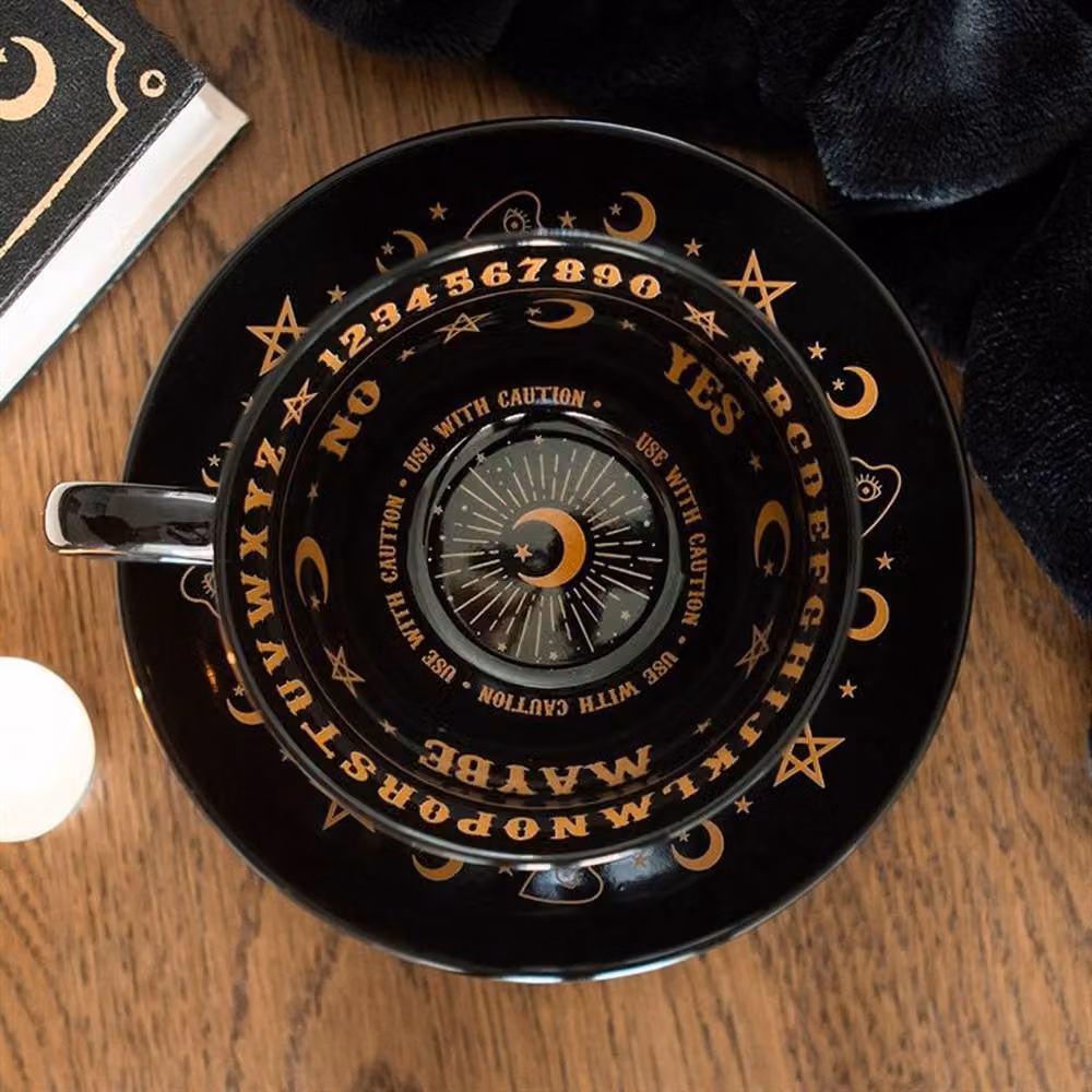 Uniqueful Black and Gold Talking Board Ceramic Teacup and Saucer, 550ml – 2