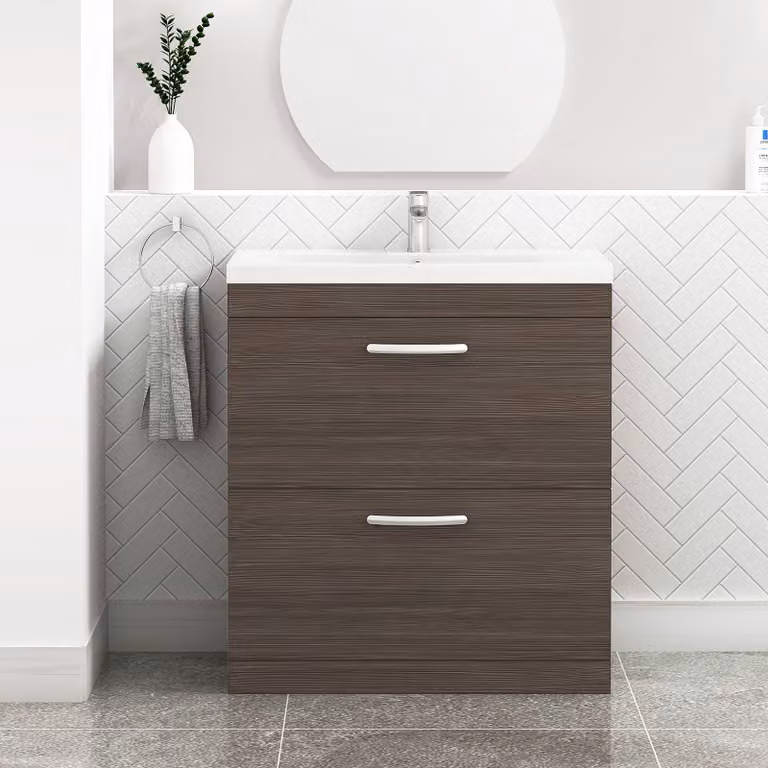 Royal Bathrooms Turin Grey Elm 2 Drawer Floor Standing Vanity Unit with Mid-Edge Basin