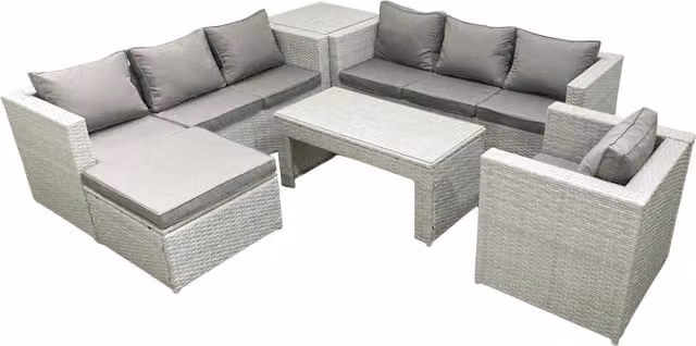 Fimous Light Grey PE Rattan Garden Furniture Set with Upholstered Cushions, Coffee Table, Armchair, Ottoman and Side Table