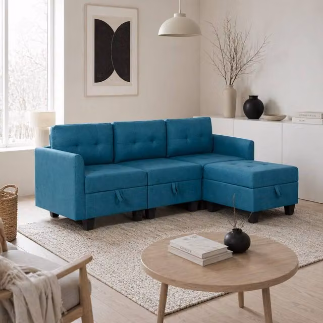 Wyld Haus Torono Reversible L-Shaped Modular Sofa in Petrol Blue with Built-In Storage and Matching Ottoman – 1