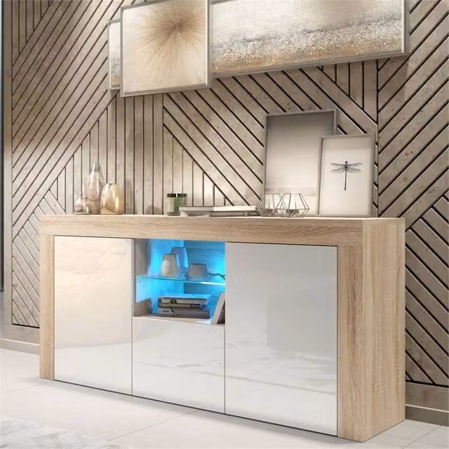 FORGEVIO Modern Oak and White Gloss TV Unit Cabinet with Integrated Lighting – 1