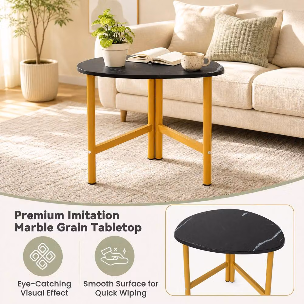 Gymax Modern Triangle Coffee Table with Black Metal Legs and Marble Top – 4