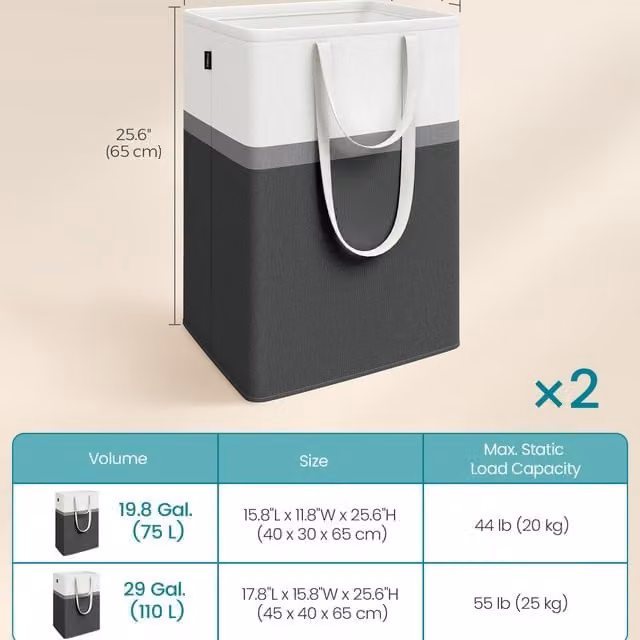 SONGMICS Set of 2 Collapsible Cotton Fabric Laundry Hampers, 110L, Black and Grey, H: 65 cm, W: 45 cm, D: 40 cm