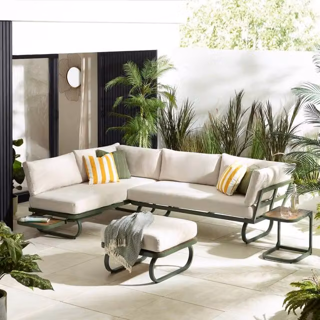 FurnitureboxUK Capri Green Metal and Cream Garden Corner Sofa Set with Ottoman and Coffee Table
